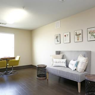 A modern living room featuring a gray sofa, decorative pillows, and framed artwork on the wall.