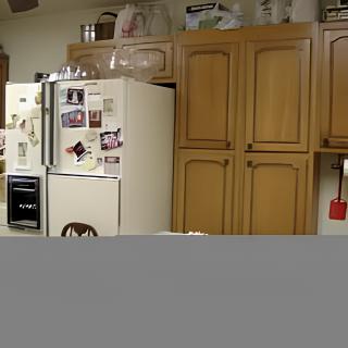 A cozy kitchen with wooden cabinets and a refrigerator adorned with magnets.
