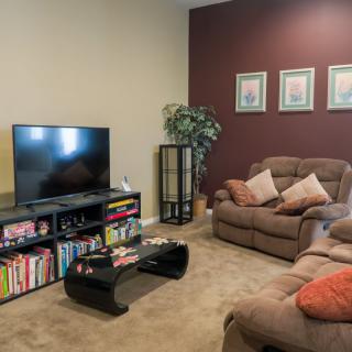 Cozy living room with a TV, sofa, and bookshelves.
