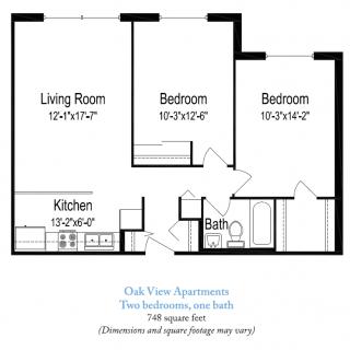 Floor plan of Oak View Apartments featuring two bedrooms, one bathroom, a living room, and a kitchen.