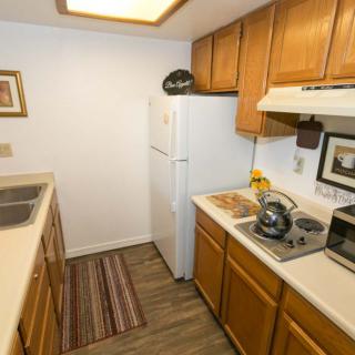 A compact kitchen with wooden cabinets, a refrigerator, sink, and microwave.