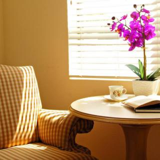 A cozy corner with a checkered armchair, small round table, purple orchid, open book, and a cup.