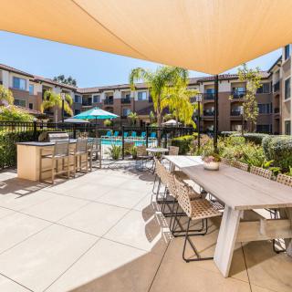 A modern apartment complex features a well-maintained pool area with outdoor seating and palm trees under a shaded patio.
