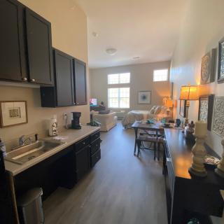 A modern apartment with an open kitchen and living area, featuring sleek cabinetry, hardwood floors, and ample natural lighting.