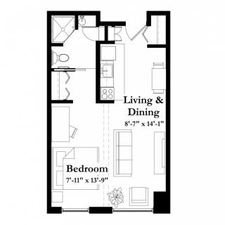 A floor plan of a one-bedroom apartment with specified areas for living, dining, kitchen, and bathroom.