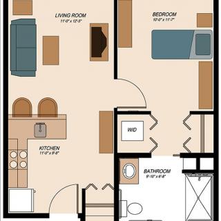 A one-bedroom apartment floor plan featuring a living room, kitchen, bathroom, and bedroom.