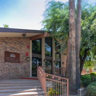 Entrance to a building with brick walls surrounded by trees and a palm tree.
