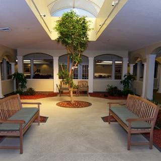 A spacious indoor lobby featuring wooden benches and a central potted tree, surrounded by large windows.