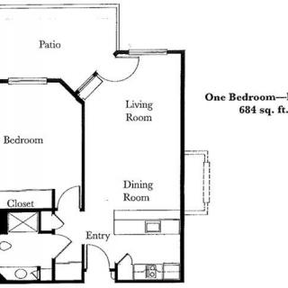 A floor plan of a one-bedroom apartment totaling 684 square feet, including a living room, dining area, kitchen, bathroom, bedroom, and patio.