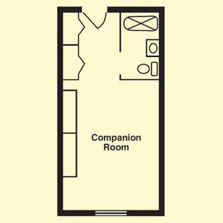 A floor plan of a companion room featuring a bathroom area and entryway.