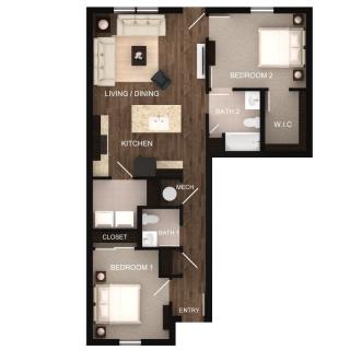 A modern two-bedroom apartment floor plan with a kitchen, living room, and bathroom.