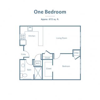 A floor plan of a one-bedroom apartment layout showing the living room, kitchen, and bathroom.