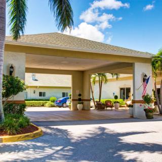 A sunny entrance to a tropical building with palm trees and a covered walkway.