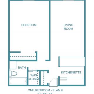 A floor plan of a one-bedroom apartment, featuring a bedroom, living room, kitchenette, and bathroom.