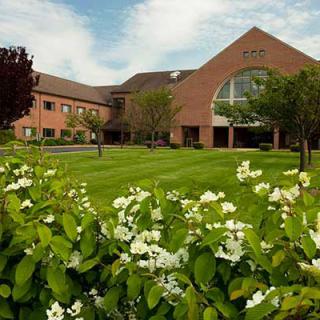 A brick building surrounded by lush greenery and white flowers under a blue sky.