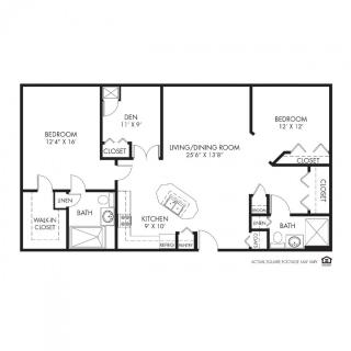 A detailed floor plan of an apartment featuring two bedrooms, a kitchen, two bathrooms, and a living/dining area.
