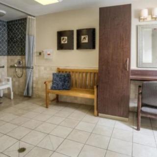 A modern, accessible bathroom with a shower area and wooden bench.