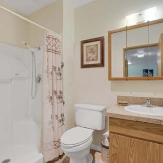 A neatly arranged bathroom with a shower, toilet, and wooden cabinet.