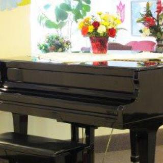 A grand piano with a vase of colorful flowers on top in a cozy room.