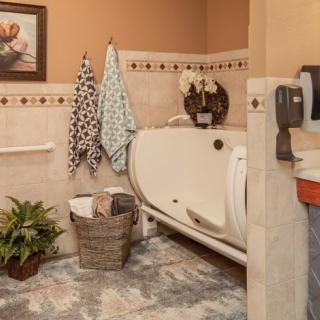 A cozy bathroom featuring an accessible bathtub, with decorative towels and plants adding a touch of warmth.