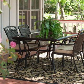 An inviting outdoor patio area with a table and chairs, decorated with plants and a rug.
