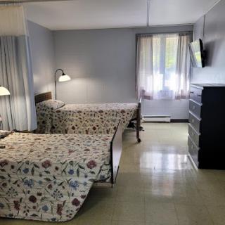 A cozy hotel room featuring two neatly made beds, a dresser, and a large window letting in natural light.