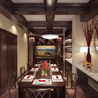 Elegant dining room featuring a luxurious table setting with modern decor and wooden accents.