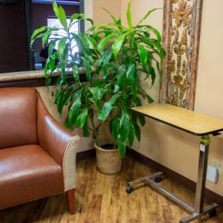 A cozy corner featuring a comfortable chair, a small table, and a vibrant indoor plant.