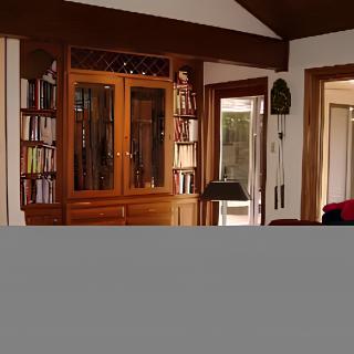 A cozy living room featuring wooden bookshelves and a cabinet.