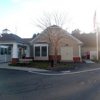 A well-maintained building with a tree and an American flag in the foreground.