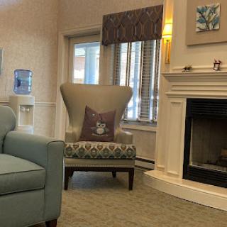 A cozy living room featuring an elegant armchair, a decorative pillow, a warm fireplace, and natural light filtering through the windows.