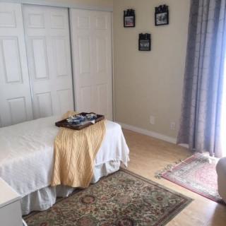 A cozy bedroom featuring a neatly made bed with a decorative tray, carpet, and ample natural light.
