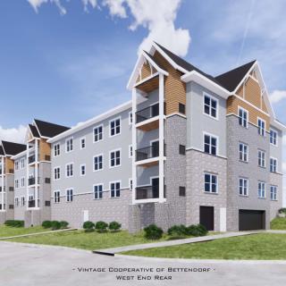 A modern apartment building with multiple floors and balconies, featuring a contemporary architectural design.