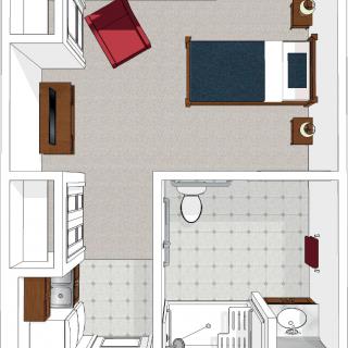 A simple floor plan of a small living space with a bedroom and bathroom.