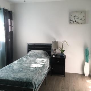 A minimalist bedroom with a single bed, nightstand, and decorative elements.