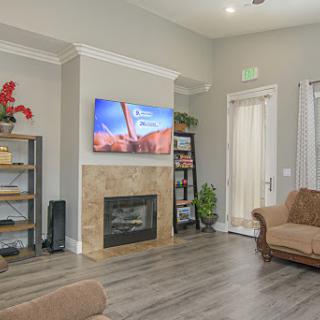 A cozy living room featuring a sleek fireplace, modern television, and stylish furniture.