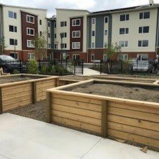 A view of an apartment complex with wooden raised garden beds in the foreground, showcasing urban gardening opportunities.