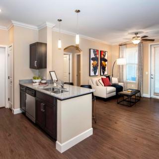 A modern open-concept kitchen and living room with hardwood floors and contemporary furniture.
