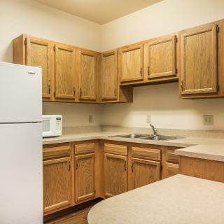 A simple kitchen with wooden cabinets and basic appliances.
