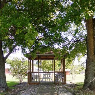 A serene gazebo nestled between two lush trees in a peaceful park setting.