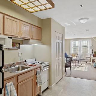 A cozy apartment featuring a compact kitchen area with wooden cabinets and adjacent living room space.