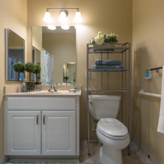 A well-organized bathroom with a sink, mirror, and storage shelf.