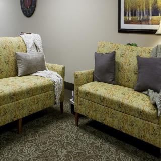 A cozy living room with two patterned sofas, accented by grey cushions and a soft throw blanket. The space is complemented by a carpet, a lamp for lighting, and wall art.