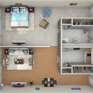 A 3D rendered floor plan of an apartment featuring a living room, kitchen, and multiple bedrooms.