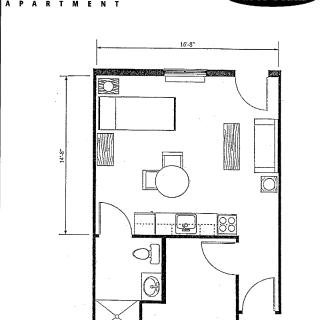 Studio apartment floor plan with designated areas for living, dining, and sleeping.