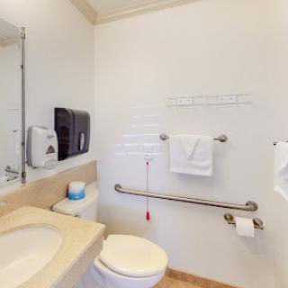 A clean and modern bathroom featuring essential amenities.