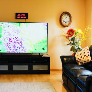 A cozy living room featuring a large television, decorative flowers, and a stylish couch.