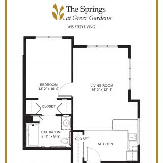 A floor plan of a one-bedroom apartment at The Springs at Greer Gardens, featuring a living room, kitchen, bathroom, and closet.