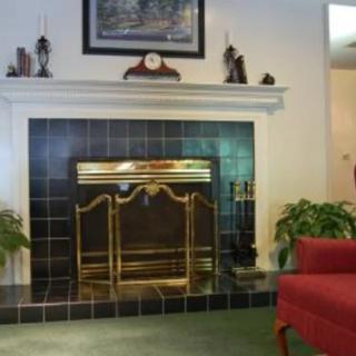A cozy living room features a classic fireplace with a mantel adorned with decor and a clock, surrounded by plants and comfortable seating.