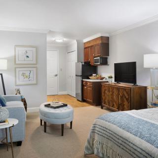 A cozy studio apartment with a combined living and sleeping area, featuring a small kitchenette and modern furnishings.